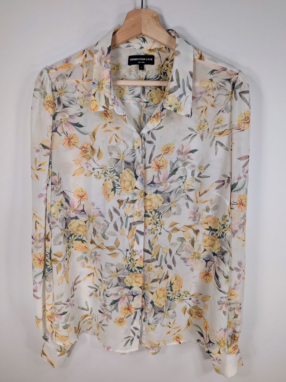 Generation Love New York Sheer Floral Button Down Blouse L Cream Multi